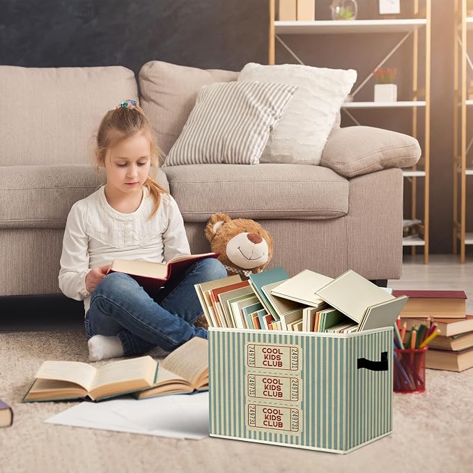 Rustic Cool Club Ticket Storage Bins Boxes with Handles | toys books clothes, blue striped nursery foldable basket for organizing bedroom toddler room playroom - Image 5