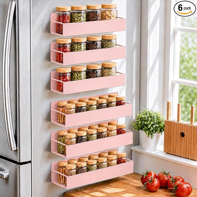 SMRCAD 6 Pack Metal Magnetic Spice Rack for fridge, Heavy Duty | Iron + Magnet | Holds 9 lbs per shelf | Full-back magnets | Screws included | Climate Pledge Friendly by SMRCAD