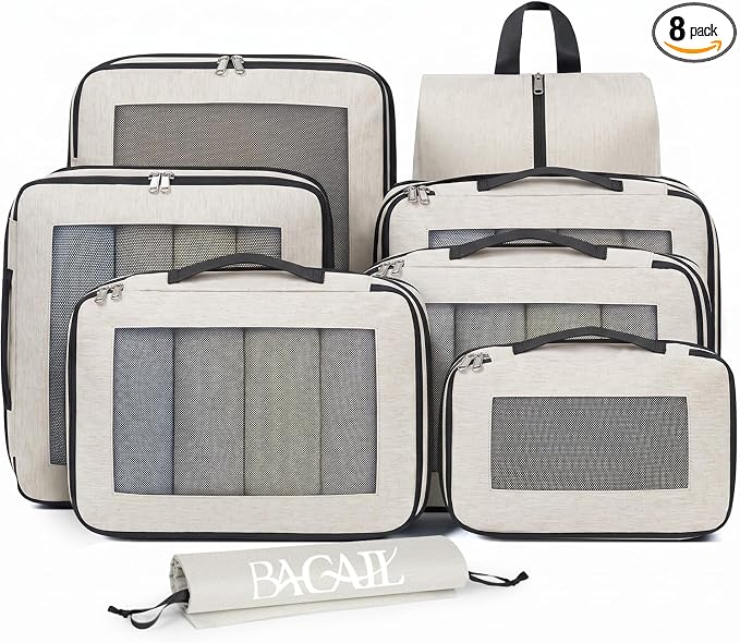 BAGAIL 8 Set Compression Packing Cubes, Expandable Luggage Organizer Bags for Travel Accessories (Beige) by BAGAIL