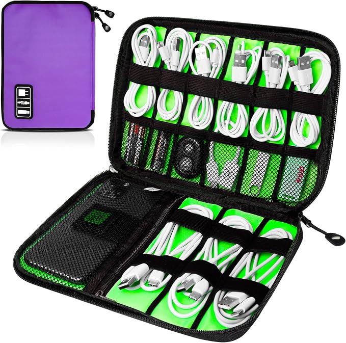 Cord Organizer Travel, Electronics Organizer Tech Pouch - Portable Cable Organizer Bag for Cords, Charger, Phone, SD Card, Power Bank for Travel & Daily Use -Purple Green by Unknown