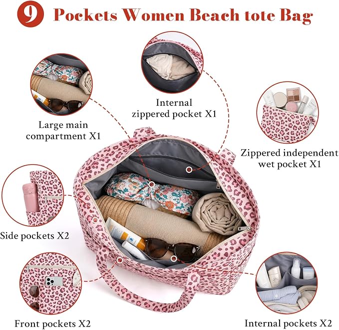 Large Beach Bags for Women, Waterproof Sandproof Beach Tote Bags Swim Pool Bags with Zipper & Wet Pocket Family - Image 5