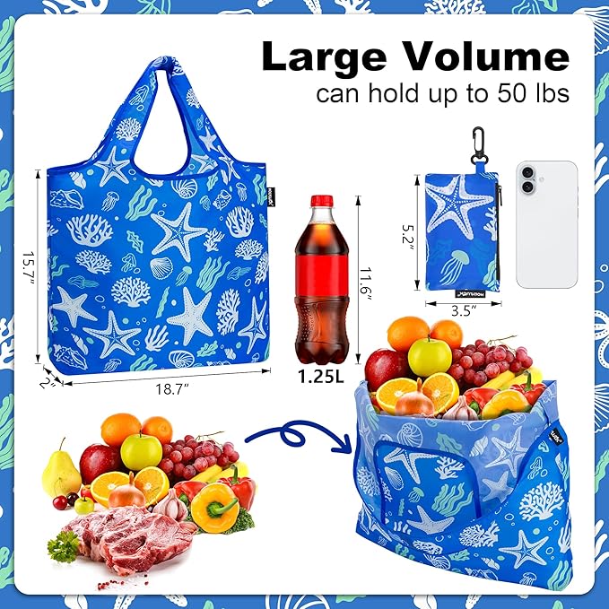 HOLYLUCK Reusable Grocery Bags,Heavy Duty Foldable Shopping Tote Bag (Standard, 3 Starfish) - Image 3