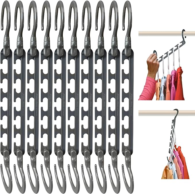 Max Space Saving Closet Hangers, 10-Pack, 360° Swivel, Grey | Cascading closet hangers organize shirts, pants and accessories vertically to save space; foldable 360° swivel design by WONDERHANGER