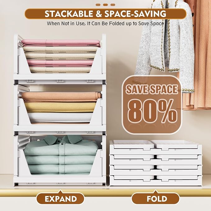 Upgraded Closet Organizers and Storage, Stackable Closet Organizer Basket | 5 Pack Foldable Closet Storage Bins for Bathroom Laundry Room Wardrobe Storage, Space-Saving Clothes Drawer Organizer - Image 5