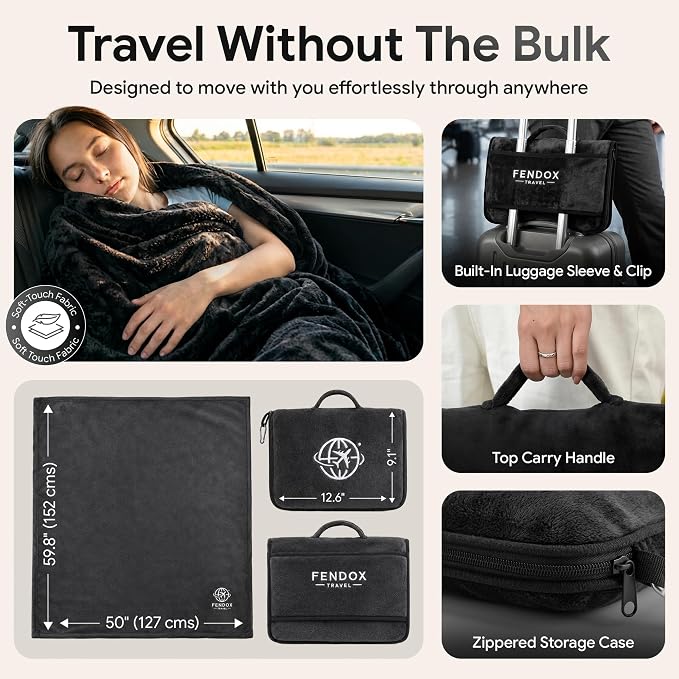 2-in-1 Travel Blanket and Pillow – Lightweight, Compact, Ultra Soft, Machine Washable – Handle, Luggage Sleeve, Backpack Clip – for Travel Airplane, Car, Office (Black) - Image 3