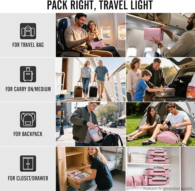 Veken 8 Set Packing Cubes for Travel Essentials,Anti-Wrinkle Buckled Suitcase Organizer for Shoe & Toiletry Bag,Carry On Luggage Bag with 99+ Count Mesh Holes for Airplane & College Dorm Accessories - Image 8
