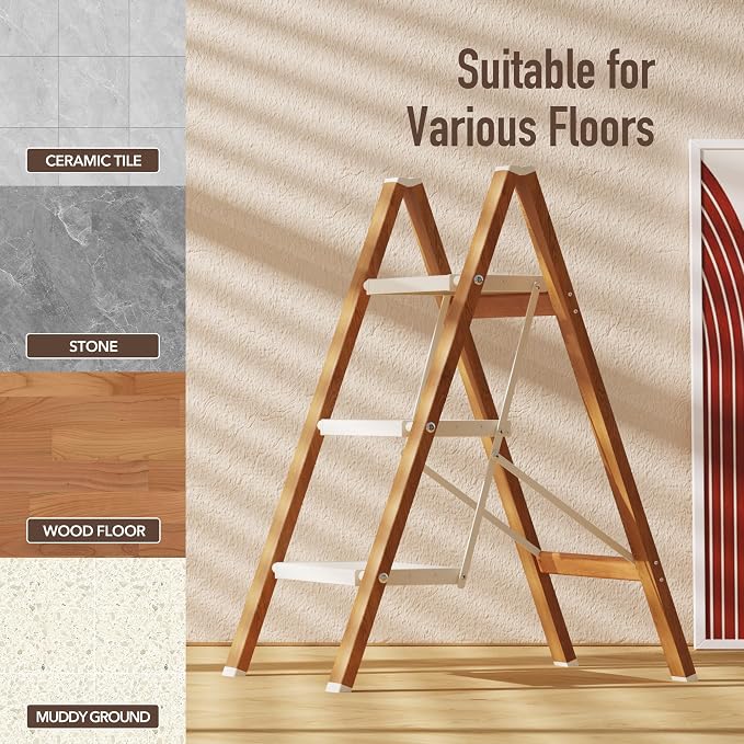 Mayi Plus 3 Step Stool Foldable, Aluminum, Lightweight Step Ladder | Extra-wide anti-slip folding steps with 330 lbs, for home,kitchen,office,outdoor,White & Woodgrain. - Image 5