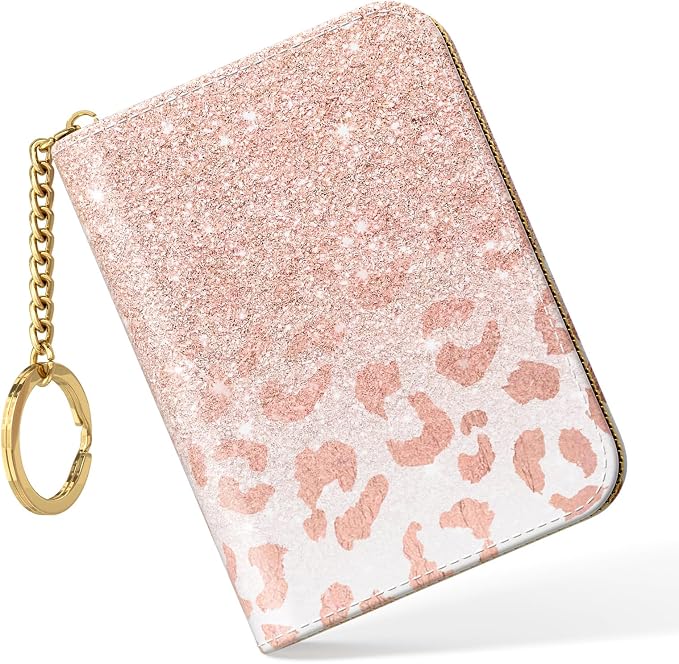 Nipichsha Women's Small RFID Blocking Credit Card Wallet, Pink Gilt Leather, 12 Slots, Zipper Closure | Leather Card Holder Wallet, Credit Card Wallet Organizer, Business Card Case with Zipper & Keychain, 12-Slot Compartment by Nipichsha