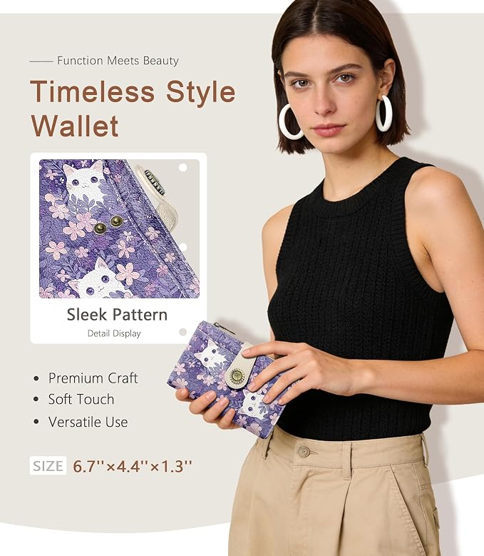 White Cat Wallet Women RFID, Passport Holder, Credit Card Holder | 6.7" x 4.4" x 1.3" Bifold, Travel billfold, Zipper Pocket, PU Leather, Clutch, Purse, ID Window, Pen Holder, Gift Ladies Girl - Image 2