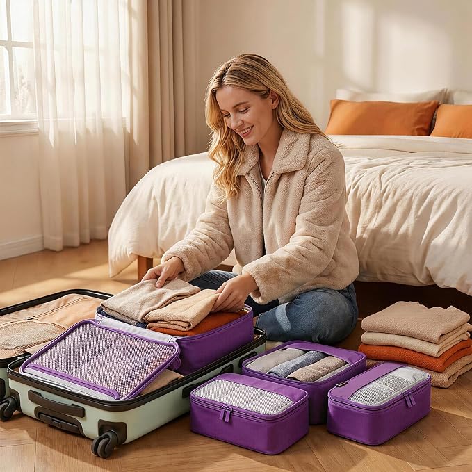 4 Piece Compression Packing Cubes for 3–7 Day Travel, Space Saving Travel Organizers with Breathable Mesh, Double-Zipper Packing Cubes for Carry-On & Suitcases (Purple) - Image 6