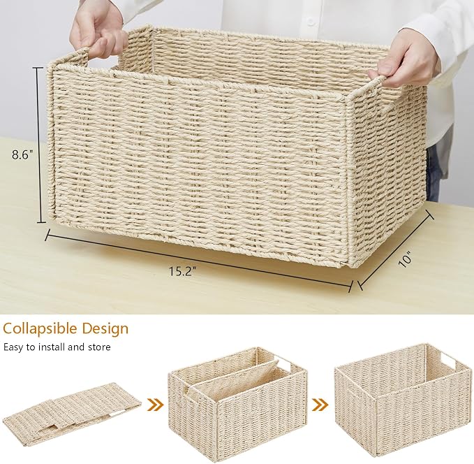 Wicker Storage Basket, Set of 2 Hand-Woven Paper Rope Wicker Basket, Small Storage Baskets for Organizing Toilet Paper Basket, Foldable Large Cube Storage Organizer Bins for Shelves (Beige) - Image 2