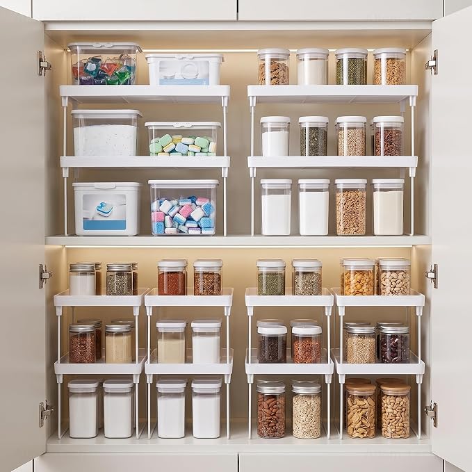NiHome 8-Pack Stackable Plastic Kitchen Storage Shelf Foldable Rack, White | Stackable Kitchen Cabinet Organizer and Storage Shelves, Expandable Storage Racks for Counter Cabinet Pantry - Image 8