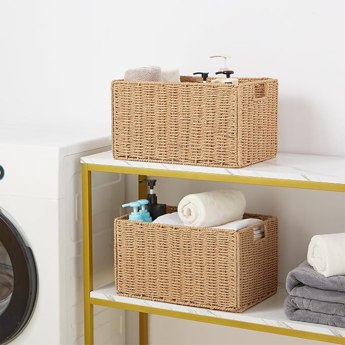 Wicker Storage Basket, Set of 2 Hand-Woven Paper Rope Wicker Basket, Small Storage Baskets for Organizing Toilet Paper Basket, Foldable Large Cube Storage Organizer Bins for Shelves (Natural) - Image 5