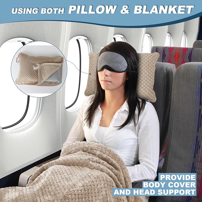 Travel Blanket Airplane Compact with Bag, Travel Essentials 3 in 1 Packable Airplane Blanket, Travel Pillow and Blanket Set, Inflatable Pillow, Luggage Sleeve & Backpack Clip (Camel) - Image 3