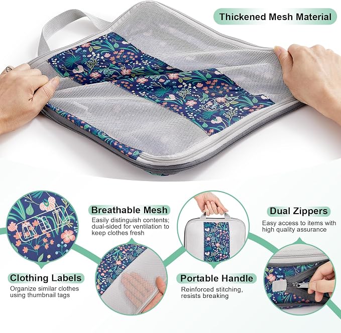 OlarHike 10 Set Compression Packing Cubes for Travel Essentials,Compressible Expandable Space Saver Bags for Organizing Clothes,Luggage Garment Bags with Over 1000 pcs Mesh Holes(Dark Blue Floral) - Image 6