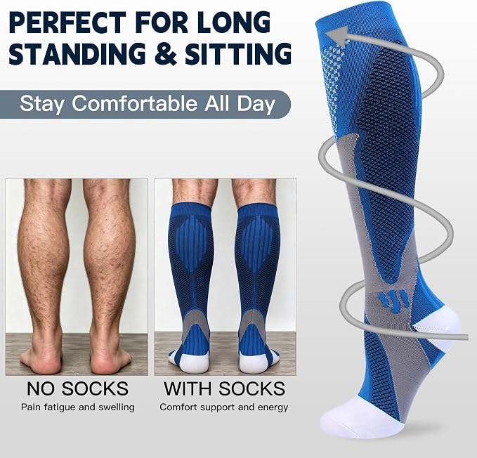 6 Pairs Wide Calf Compression Socks for Men Women 20-30 mmHg Knee High | Plus Size, Circulation Support, Graduated Compression, Tired Legs & Swelling Relief; Moisture Wicking, Sports, Travel, Flying - Image 5