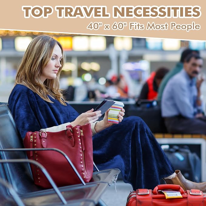Tirrinia Travel Blanket Airplane Office Poncho 4 in 1 Premium Cozy Fleece Portable Poncho Blankets with Built-in Bag, Pocket - Image 8