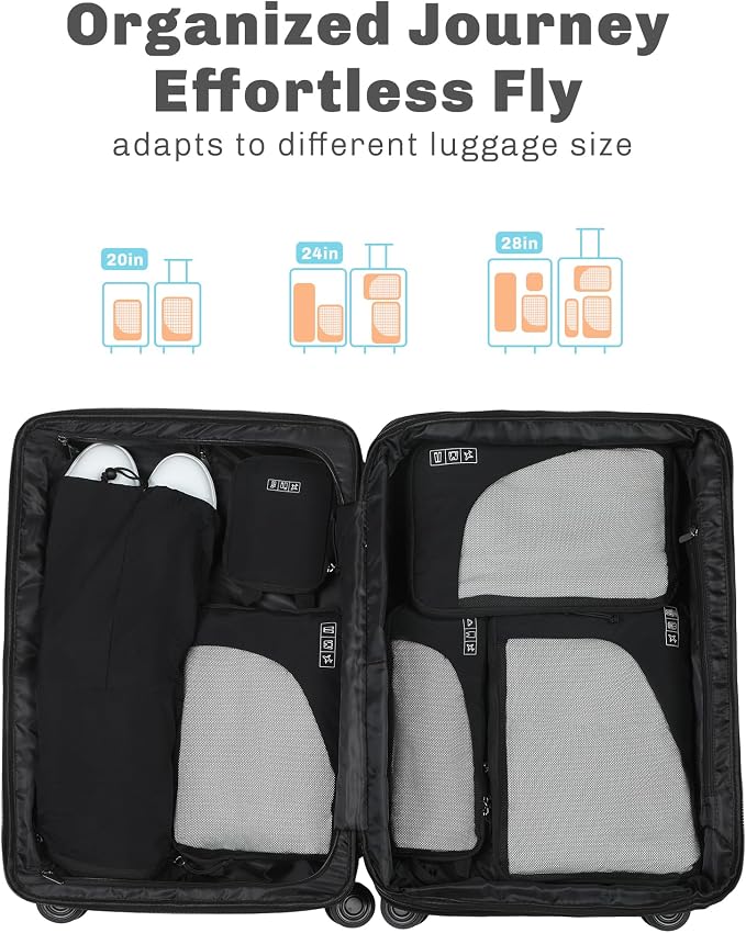 6 Set/ 4 Set/ 2 Set Compression Packing Cubes Travel Essentials Lightweight Nylon Luggage Suitcase Organizer Bag Black 6PCS - Image 3