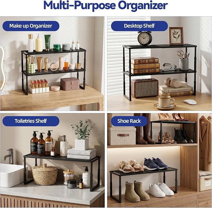 Expandable Cabinet Shelf Organizer, Stackable Countertop Shelves, Black | 15.8''- 25.5'' In Cabinet Shelf, Adjustable Kitchen Cabinet Organizer for Pantry Organizer, CupBoard Organizers and Storage - Image 5