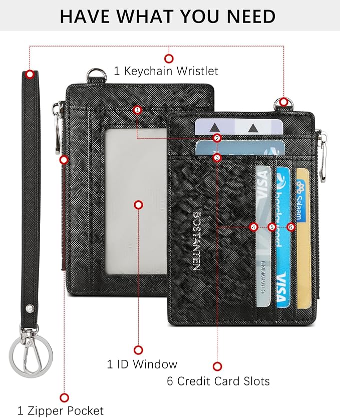 BOSTANTEN Credit Card Holder RFID Small Wallet for Women with Keychain | Slim, Wristlet, Zipper Coin Pocket, Pocket-Friendly, Vegan Leather, Minimalist, Gifts, Black - Image 2