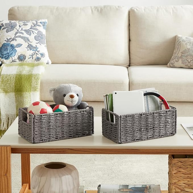 Wicker Storage Basket, Set of 2 Hand-Woven Paper Rope Wicker Basket, Small Storage Baskets for Organizing Toilet Paper, Foldable Large Cube Storage Organizer Bins for Shelves (Grey) - Image 4