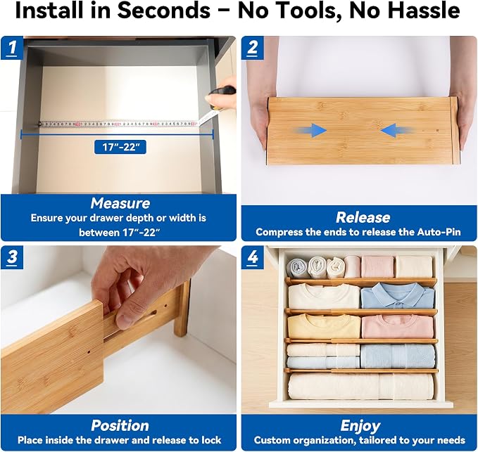 4 Pack 6" Deep Bamboo Drawer Dividers, 17-22" Expandable Kitchen Organizers | Adjustable Spring-Loaded Tension Separators with Foam Pad for Clothes, Utensils, Kitchen, Dresser, Nursery & Bathroom - Image 5