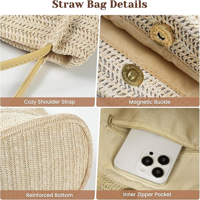Tavaleu Straw Beach Bags for Women Tote Handbag Shoulder Hobo Bucket Bag | Lightweight, Foldable, PU Straps, Magnetic Closure, Zip Pocket, Reinforced Bottom, Summer Purse, Travel, Vacation, Daily Use - Image 5