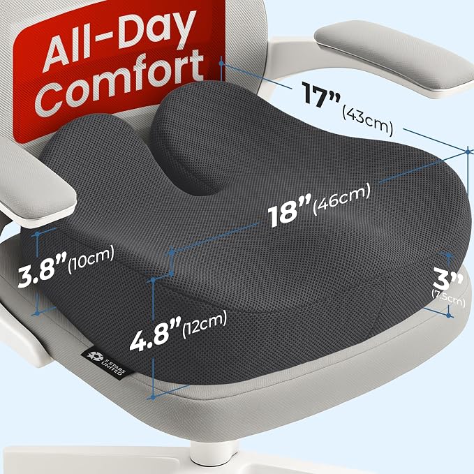 5 STARS UNITED Seat Cushion - Memory Foam Chair Cushion for Tailbone Pain Relief - Ergonomic Support for Coccyx, Sciatica & Butt - Office, Desk & Gaming Chair, Car Seat, Wheelchair, Dark Gray Mesh - Image 2
