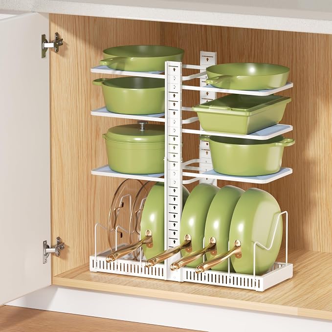 LAMU Pots and Pans Organizer under Cabinet, Pan Pot Organizers inside Cabinet with 6 Shelves and Pot Lid Organizer, Adjustable Height Up to 24", Holds up to 12 Pans, Lightweight Pots, White by YourHome-OrganizationHelper