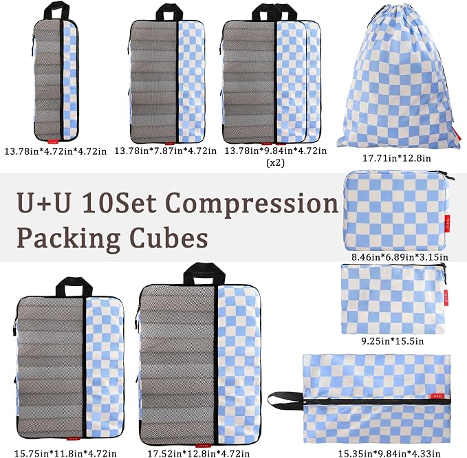 U+U 10 Set Compression Packing Cubes, Travel Organizers (Blue Checkered) | Space-Saving & Complete Travel Set - Image 3