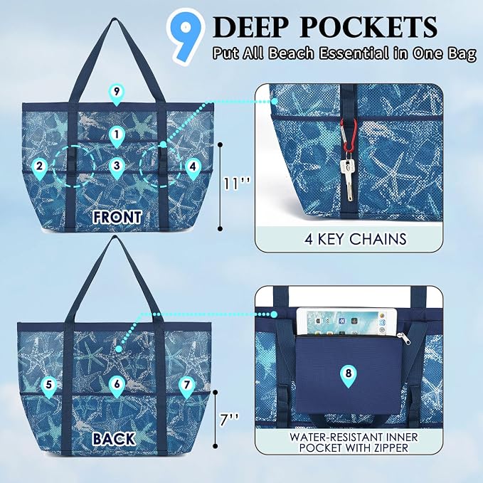 Fammart Mesh Beach Bag for Women, Large Beach Toy Pool Bag with Zipper Pocket, SandProof Cruise Essentials 2026 Family Travel - Image 5