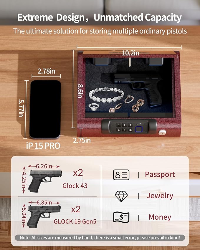 BILLCONCH Gun Safe,Biometric Fingerprint Gun Safe for Handgun Pistol Safes | Fingerprint PIN Key Unlock, Interior Light and USB Charging Lock box with Silent Mode for Bedroom Nightstand - Image 5