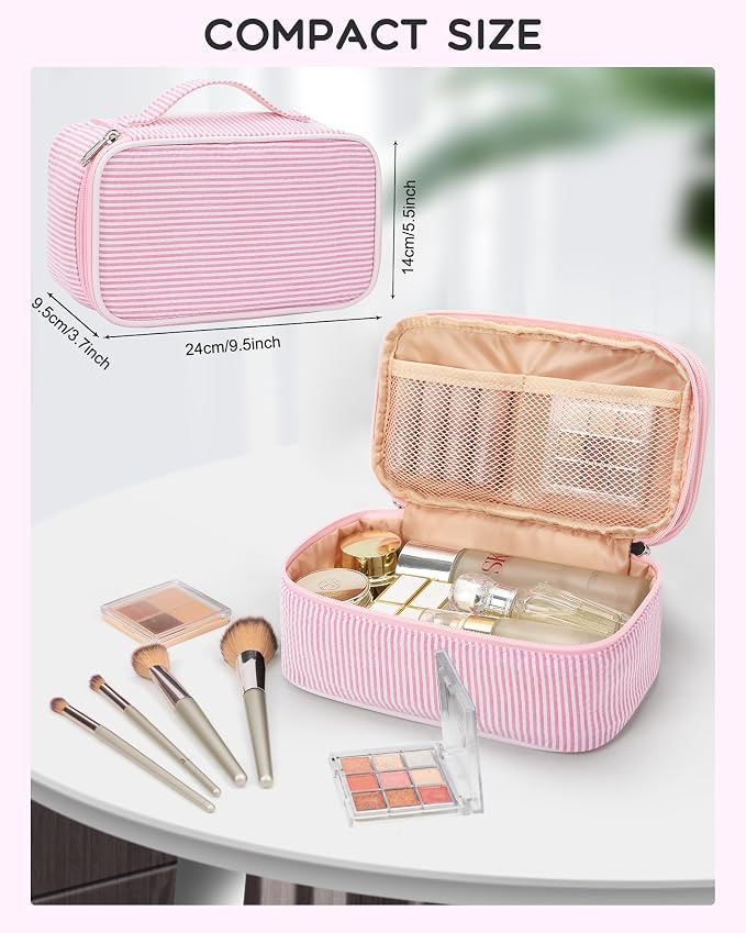 Relavel Pink Makeup Bag, Dual-Layer Cute Travel Cosmetic Bag, Pink Strip | Multi-Functional Small Toiletry Organizer with Make Up Brush Compartment, Travel Bag for Preppy Accessories for Daily Use - Image 2