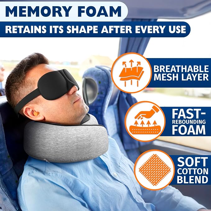 Travel Neck Pillows for Airplanes, 4-in-1 Set, 360° G-Shape | Memory Foam Airplane Pillow for Sleeping on Long Flights, Car & Train; Washable Cover, 3D Eye Mask, Earplugs & Bag (Updated) - Image 3