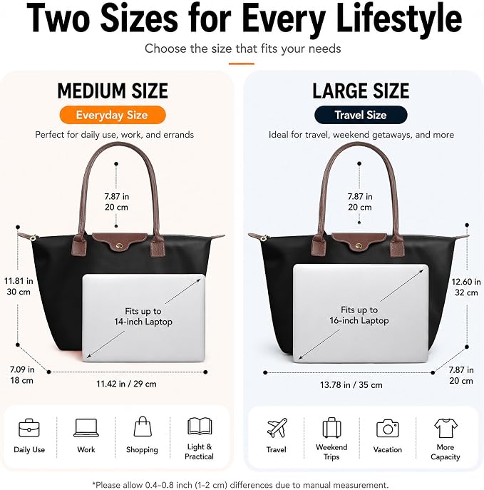 Nylon Tote Bag for Women, Lightweight Foldable Shoulder Tote with Zipper, Large Work Travel Bag for Everyday Use - Image 6