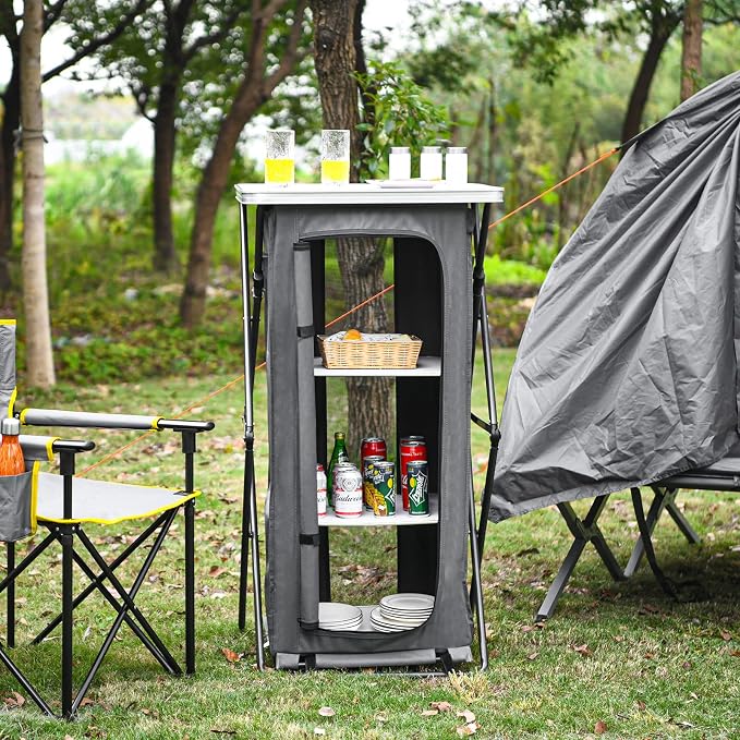 GIANTEX Folding Camping Storage Cabinet with 3 Shelves and Carry Bag, Portable Outdoor Organizer Kitchen Table, Quick Set-up for BBQ, Picnic, Backyard, Compact Pop-Up Cupboard, 47''H - Image 2