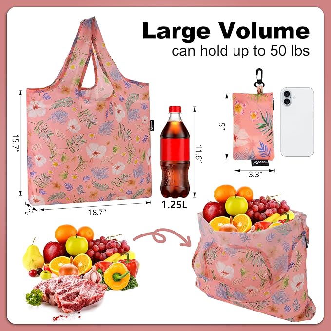 HOLYLUCK Reusable Grocery Bags,Heavy Duty Foldable Shopping Tote Bag (Standard, Pink floral) - Image 3