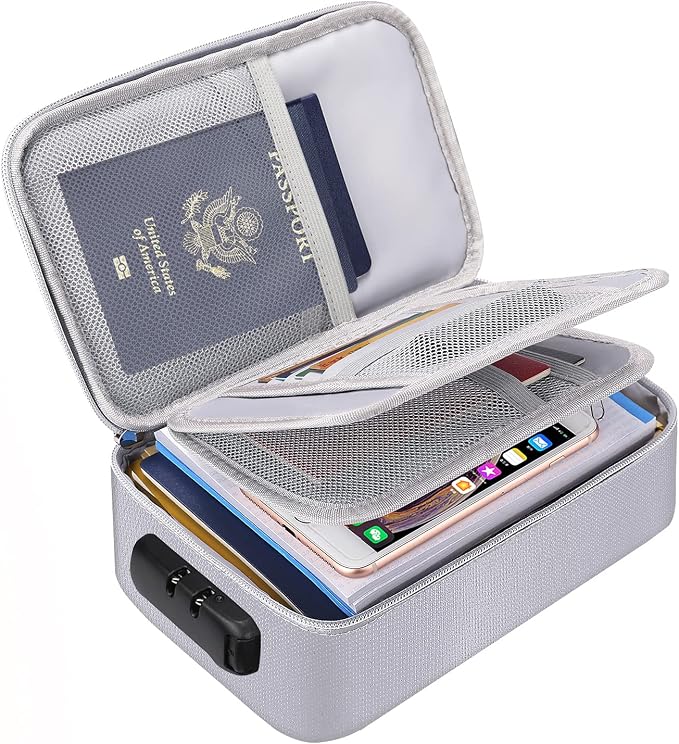 ENGPOW Small Fireproof Storage Organizer Case with Lock, 9”x 5.3”x 3.7” | Money Safe Wallet Carrying Bag with Multi-Pocket,Portable Home Travel for Cash,Card,Passport,Coin,Check,Bill,Soft Box,Silver by ENGPOW
