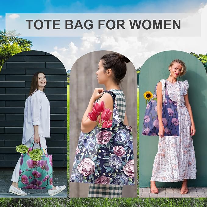 BeeGreen Flower Reusable Shopping Bags Cute Grocery Bag 6 Pack, Christmas Gift Bags Heavy-Duty Foldable Shopping Totes for Supermarket, Work & Travel, Large Washable Polyester Tote Bag with Handles - Image 5
