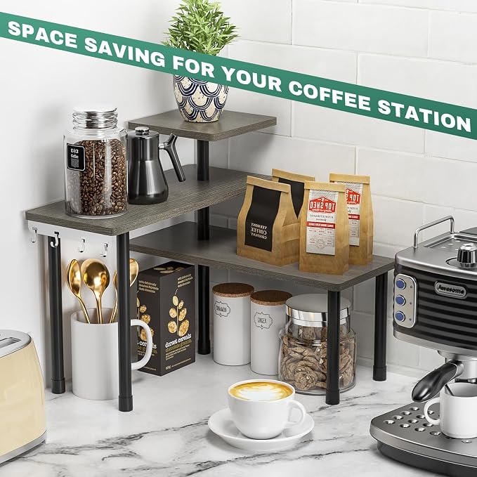 ZHWS Kitchen Countertop Organizer, Bathroom Counter Organizer, Adjustable 3 Tier Corner Shelf with 4 Metal Hooks for Counter Organize, Spice Rack, Makeups, Coffee Station Bookshelf (Rustic Grey) - Image 5
