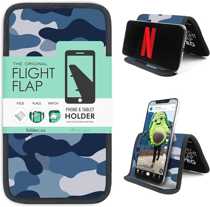 Airplane Phone Holder - Foldable Phone Stand for Plane Travel | Aluminum Build, 9 x 5 in. Blue Camo, Tabletop Mount Desk, Plane Tray Seat back, Treadmill, Fits iPhone Cell Phone by FlightFlapbyFolden