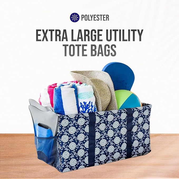 Extra Large Utility Tote Bag - Oversized Collapsible Reusable Wire Frame Rectangular Canvas Basket With Two Exterior Pockets For Beach, Pool, Laundry, Car Trunk, Storage - Navy Sunflower - Image 7