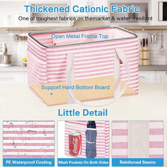 LHZK Standing Utility Tote Bag with Metal Wire Frame and the Sides Rinforced, Large Tote Bag with Handle, Reusable Grocery Bags Foldable, Beach Bag, Car Tote (Pink, 18.5''x11.8''x11.5'') - Image 4