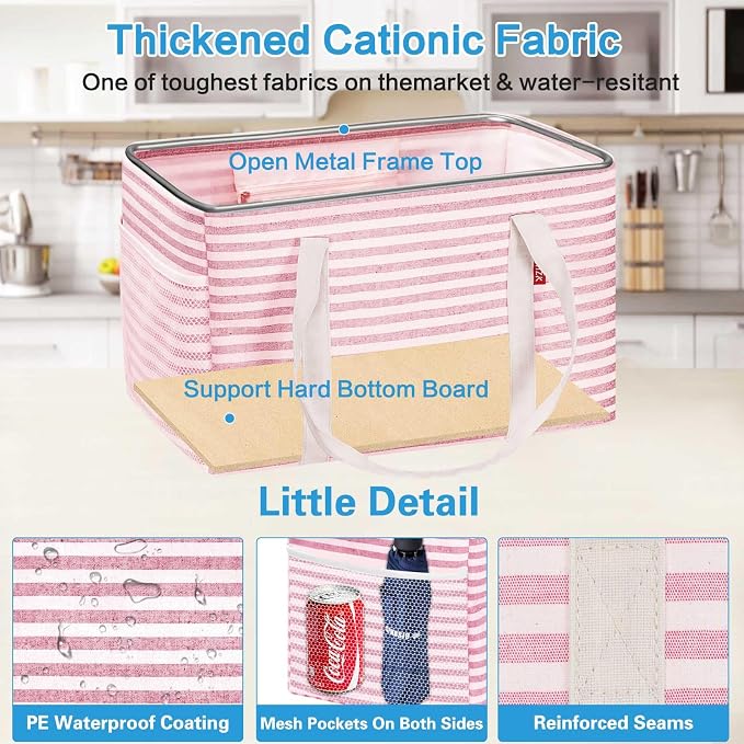 LHZK 2 Pack Utility Tote Bag with Metal Wire Frame and the Sides Rinforced, Large Tote Bag with Handle, Reusable Grocery Bags Foldable, Beach Bag, Car Tote (Pink, 18.5''x11.8''x11.5'') - Image 5