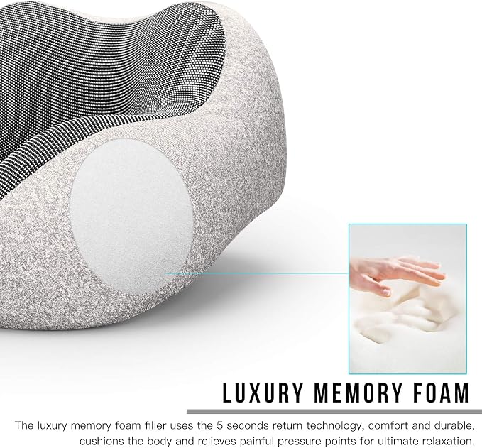 MLVOC Neck Pillow for Traveling, Upgraded 100% Pure Memory Foam Travel Neck Pillow for Airplane Flight Sleep, Breathable & Machine Washable Cover, Travel Kit with 3D Eye Mask, Earplugs & Bag, Grey | memor foam - Image 4