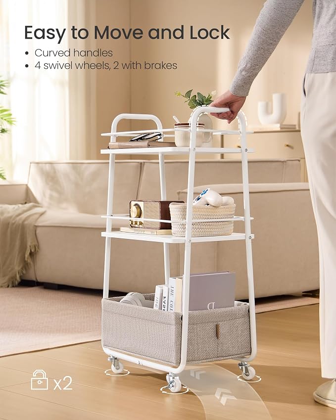 VASAGLE Storage Cart with Fabric Basket, 3-Tier Rolling Utility Cart | Cart with Wheels and Shelves, for Living Room, Bedroom, Kitchen, Cloud White, LILEA Collection ULRC001WB01 - Image 6