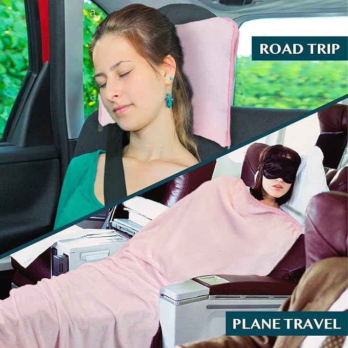 PAVILIA Travel Blanket Pillow, Soft Airplane Blanket 2-in-1 Combo Set, Plane Blanket Compact Packable, Flight Essentials Car Pillow, Travelers Gifts Accessories, Luggage Backpack Strap, 60x43 Pink - Image 5