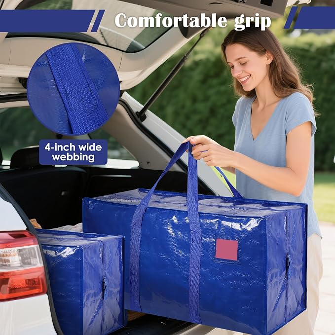 6 Pack Moving Bags with Full-Open Side Zipper, Extra Large 93L Heavy Duty Waterproof Foldable Storage Totes for College Dorm, Moving & Home Organization,Blue - Image 6
