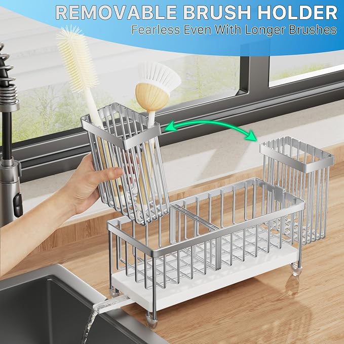 Cisily Sponge Holder for Kitchen Sink, Sink Caddy Organizer with High Brush Holder, Kitchen Countertop Organizers and Storage Essentials, Rustproof 304 Stainless Steel (Silver, 9.25″) - Image 4