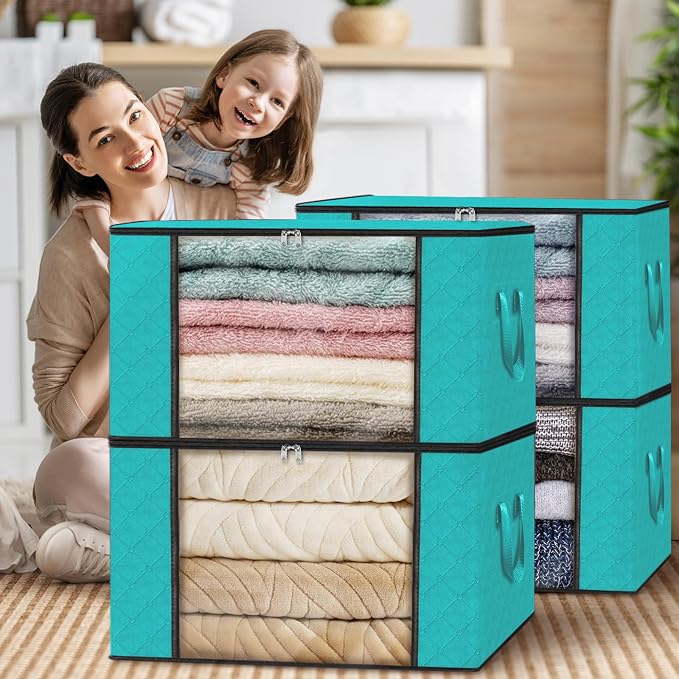 4 Pack Storage Bags for Clothes Blanket Storage Bins with Lids | Foldable Closet Organizers with Zippers,Window and Handles,Fabric Storage Bins for Sweater,Comforter,Bedding,Dorm essentials - Image 7
